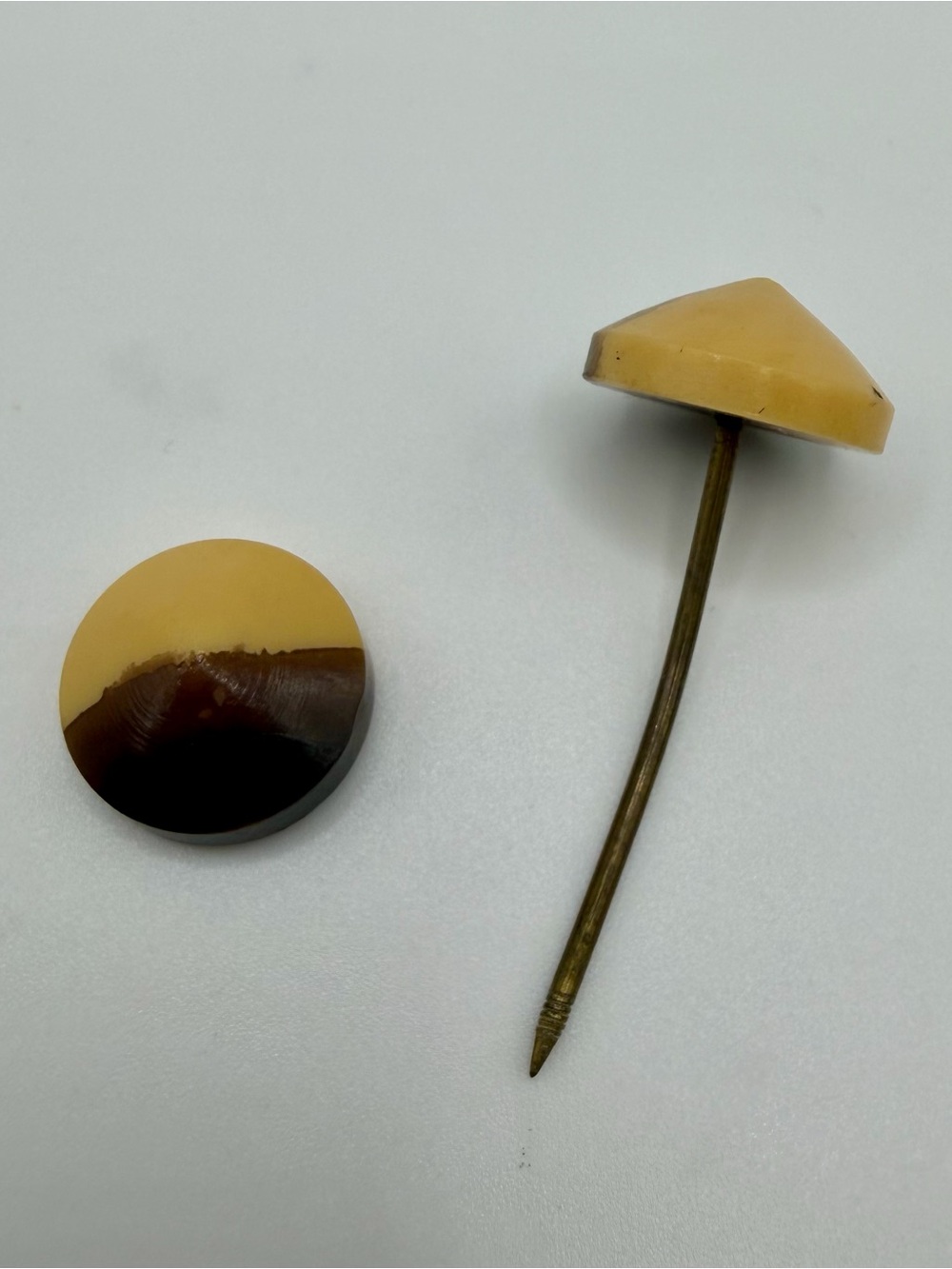 Butterscotch Bakelite Jabot Hat Pin Two Tone Geometric Cap Stick Art Deco Vtg